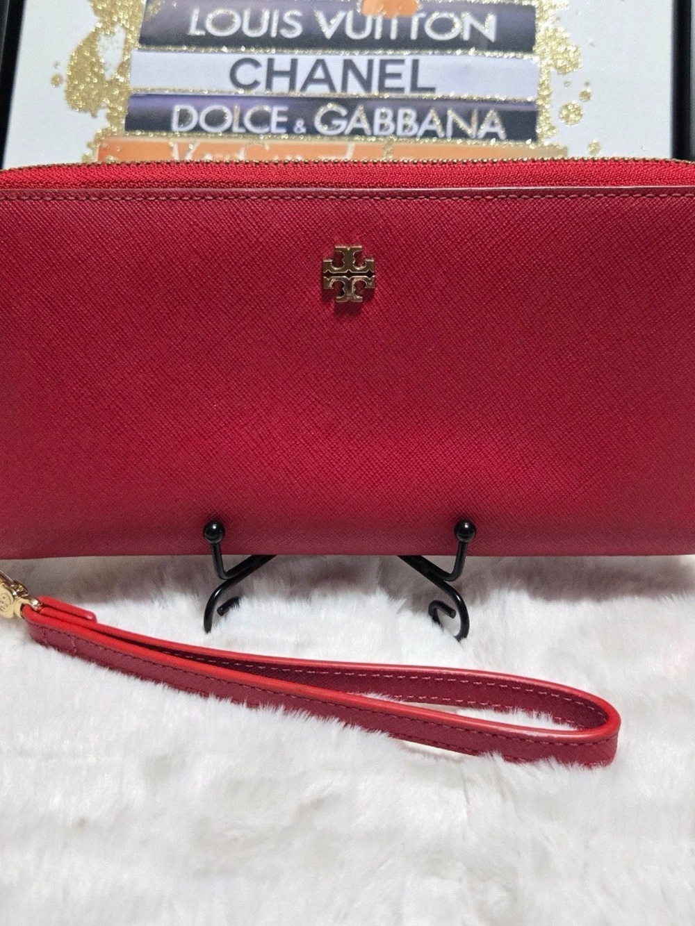 Tory Burch Red Zip Wristlet with Gold Logo